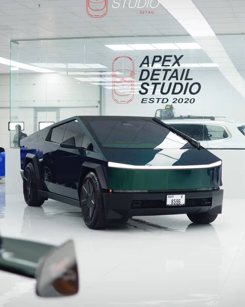 Gloss green colour PPF Tesla Cybertruck finished at Apex Detail Studio Al Quoz Dubai