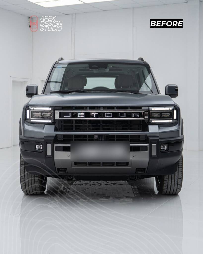 Jetour G700 front before blackout upgrade, factory grille and bumper, Dubai