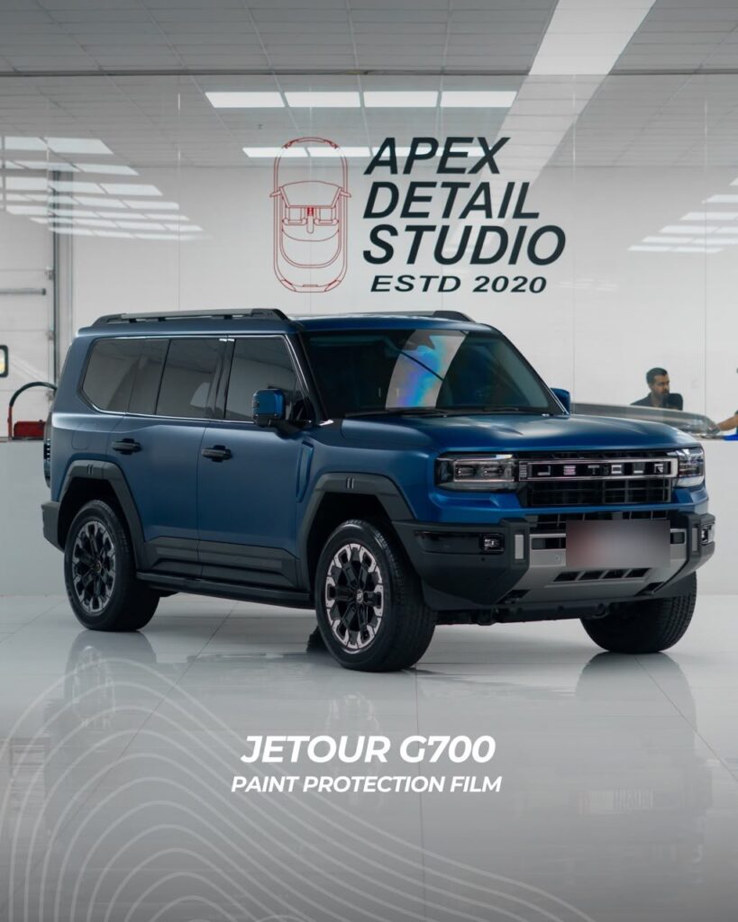 Blue Jetour G700 GAIA with full body matte PPF at Apex Detail Studio Dubai