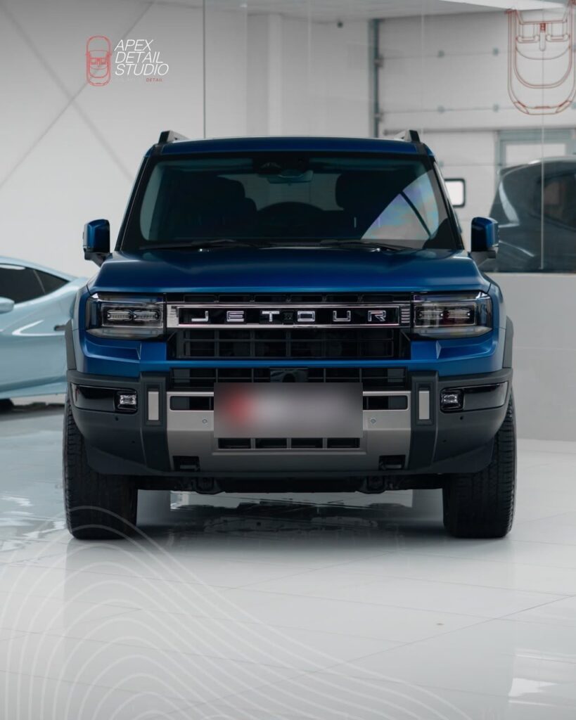 Blue Jetour G700 front end with matte PPF ready for off-road use in Dubai