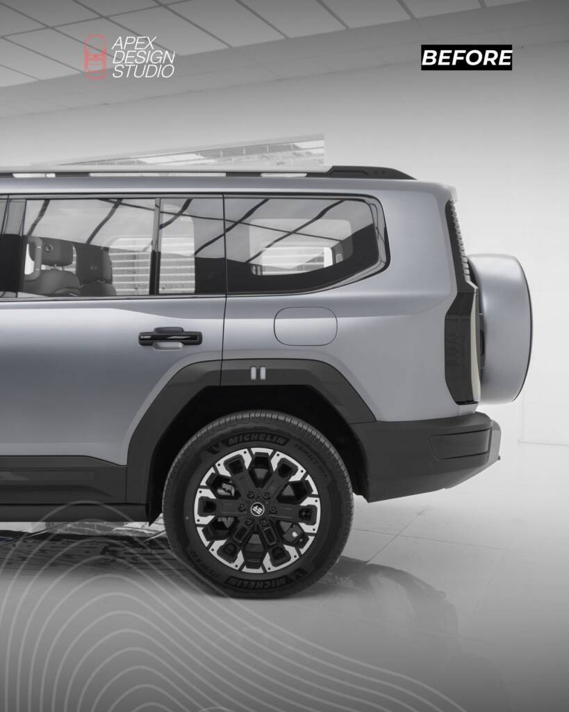 Jetour G700 rear quarter before blackout, matte plastic arch, Apex Detail Studio