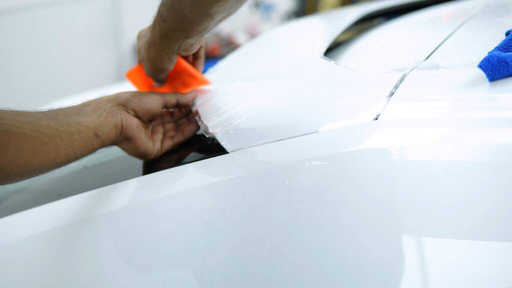 PPF being wrapped at the bonnet edge of a Lamborghini Urus SE