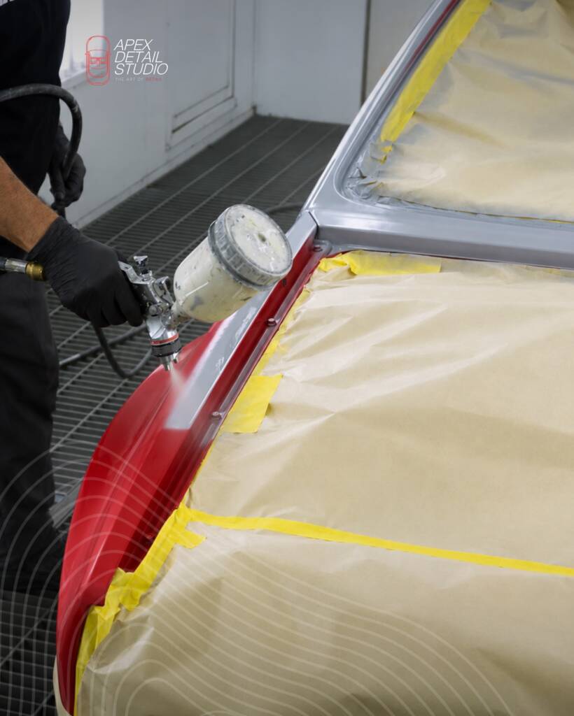 Red Lancia Delta Integrale rear masked before the full respray at Apex Detail Studio Dubai