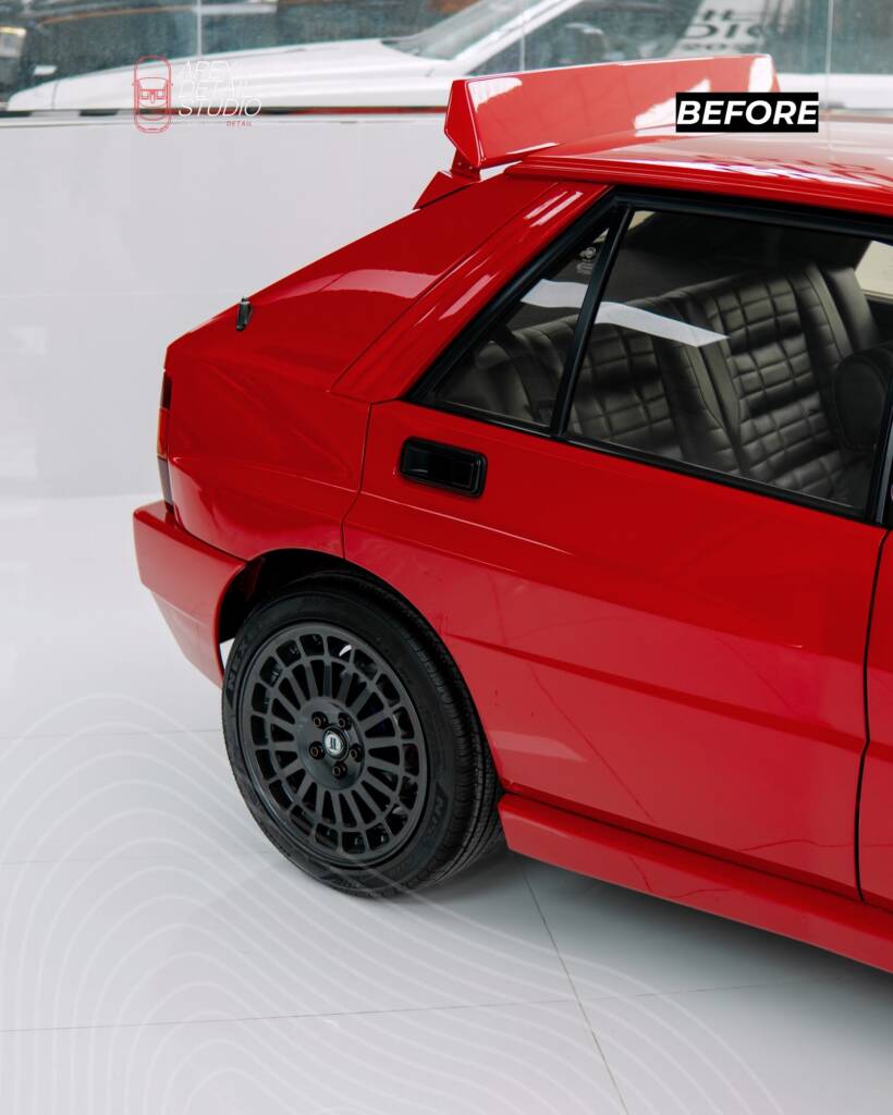 Red Lancia Delta Integrale rear three quarter before the respray at Apex Detail Studio Dubai