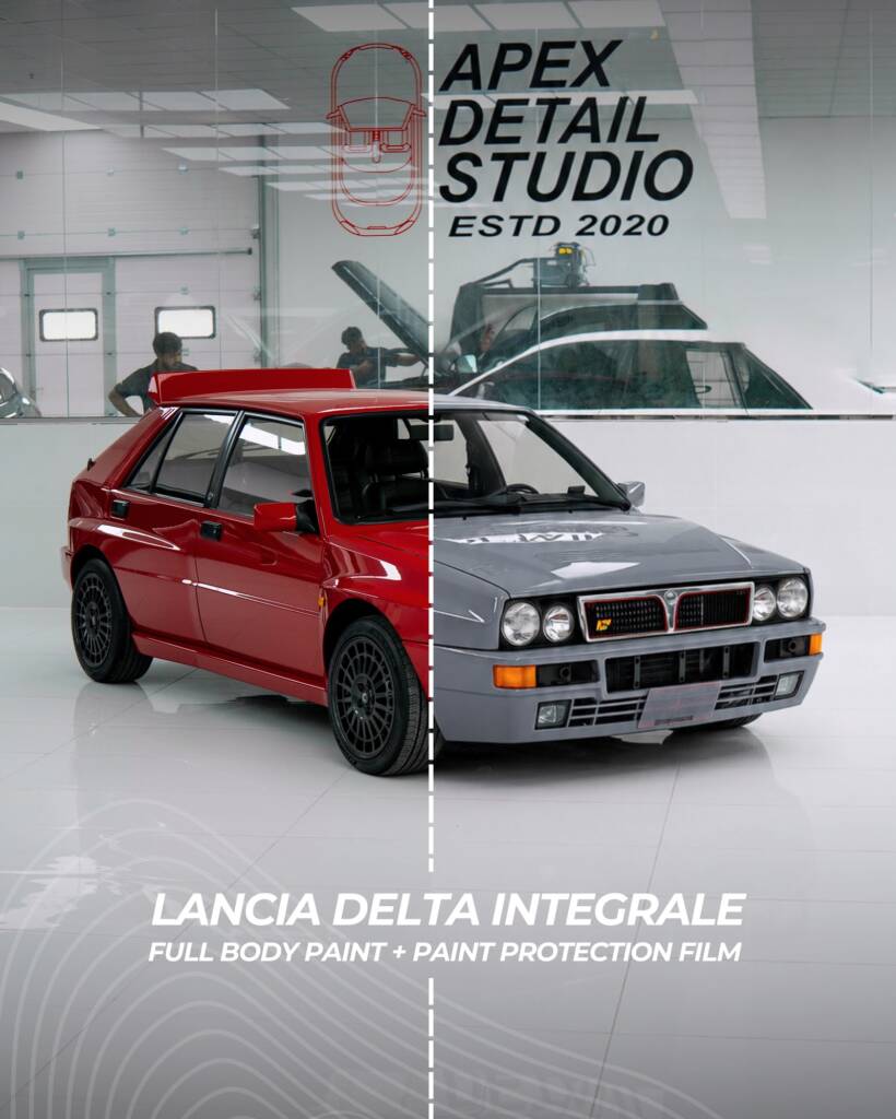Lancia Delta Integrale before and after: red to grey full body paint and PPF at Apex Detail Studio Dubai