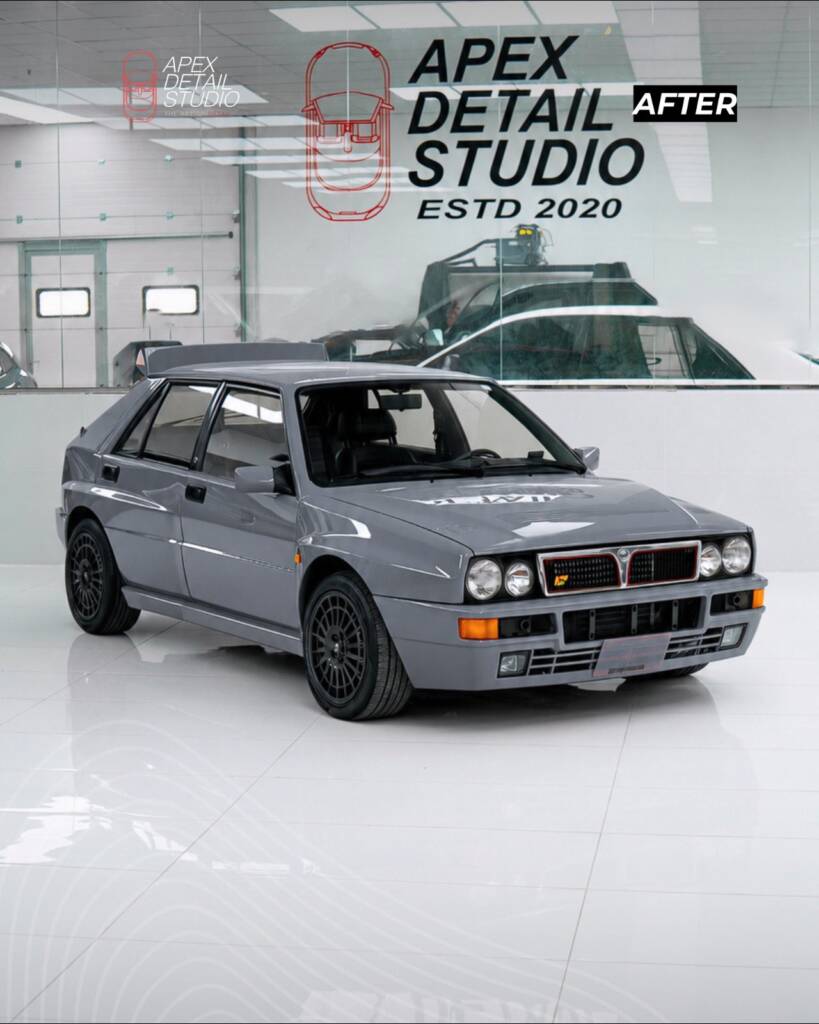 Nardo Grey Lancia Delta Integrale front three quarter after full body paint and PPF at Apex Detail Studio Dubai