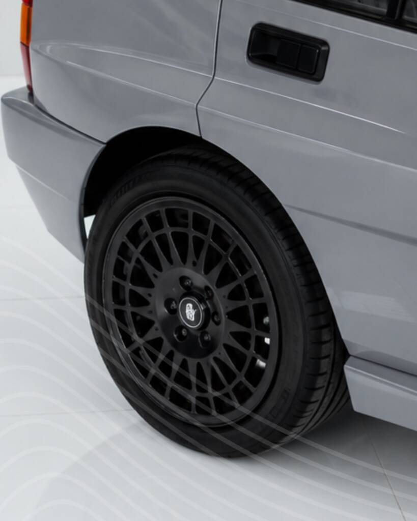Rear arch and wheel of the Nardo Grey Lancia Delta Integrale after PPF at Apex Detail Studio Dubai