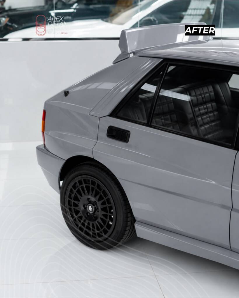 Nardo Grey Lancia Delta Integrale rear three quarter after the respray at Apex Detail Studio Dubai