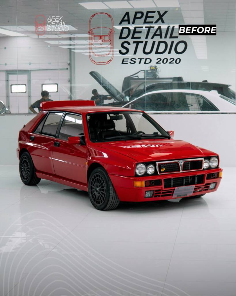Red Lancia Delta Integrale front three quarter before the Nardo Grey respray at Apex Detail Studio Dubai