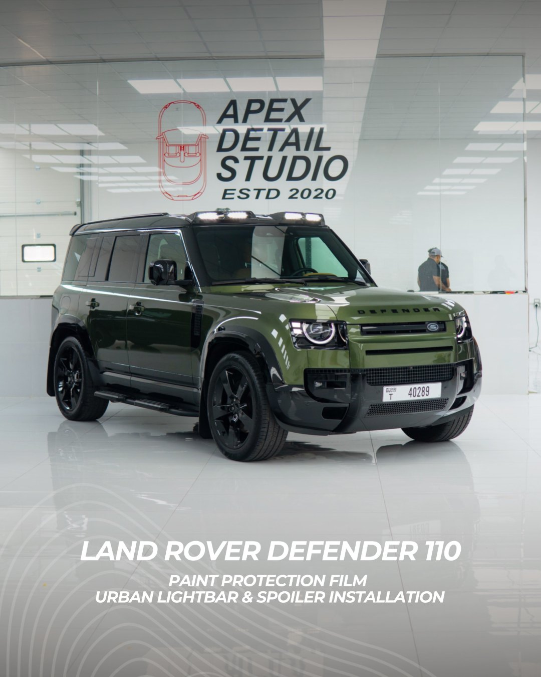 Land Rover Defender 110, green, full body PPF, plus an Urban light bar and rear spoiler fitted, at Apex Detail Studio in Dubai