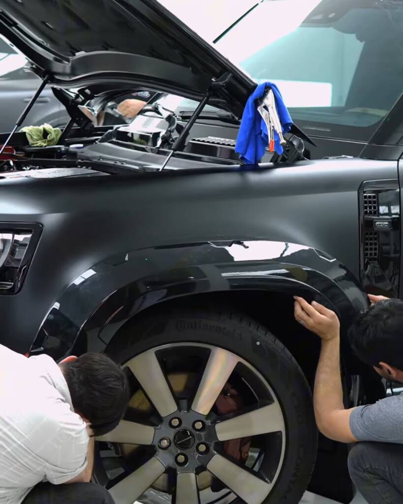 Installers removing a factory wheel from a 2026 Land Rover Defender for the body kit