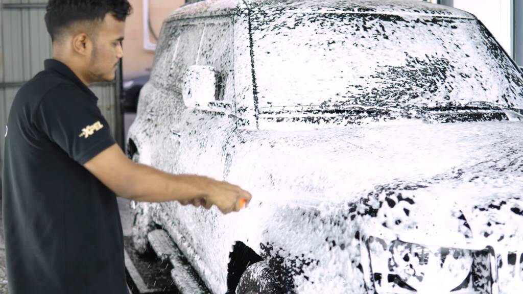 Foam wash on a new 2026 Land Rover Defender before PPF at Apex Dubai
