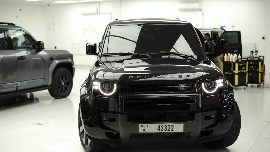 Black 2026 Land Rover Defender front after full PPF at Apex Detail Studio Dubai