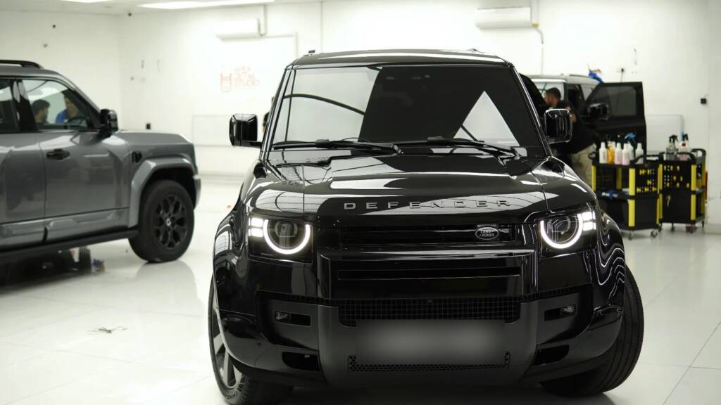 Black 2026 Land Rover Defender in clear gloss PPF at Apex Dubai