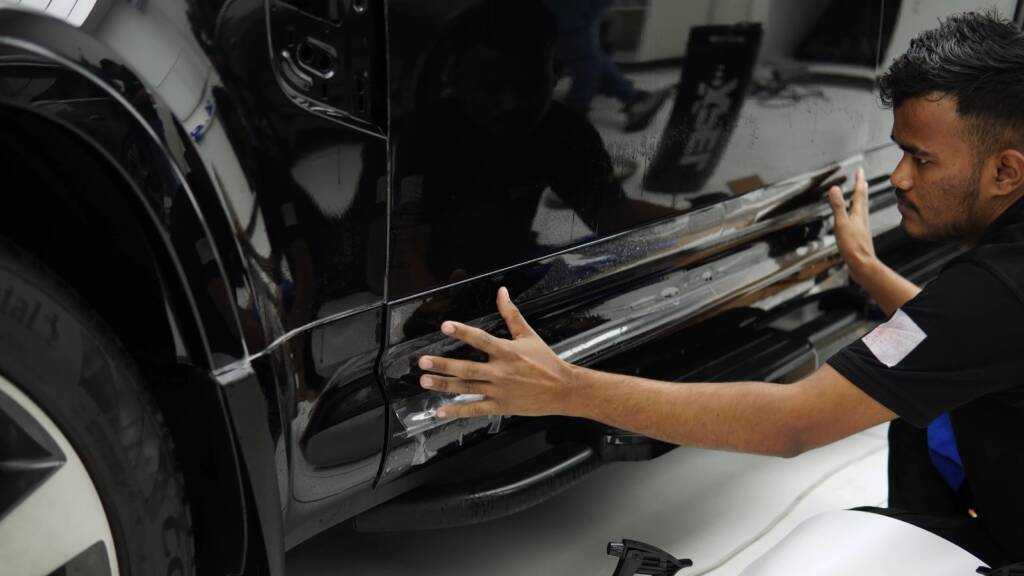 PPF fitted along the sill of a new Land Rover Defender at Apex Dubai