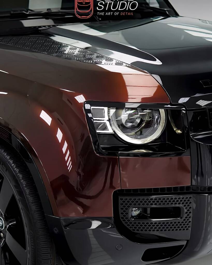 Land Rover Defender headlight and wing in Sedona Red colour PPF, Dubai
