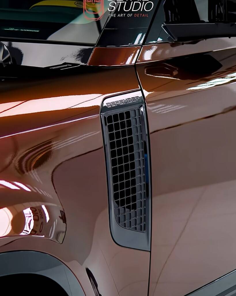 Land Rover Defender side vent and wing in Sedona Red colour PPF, Dubai