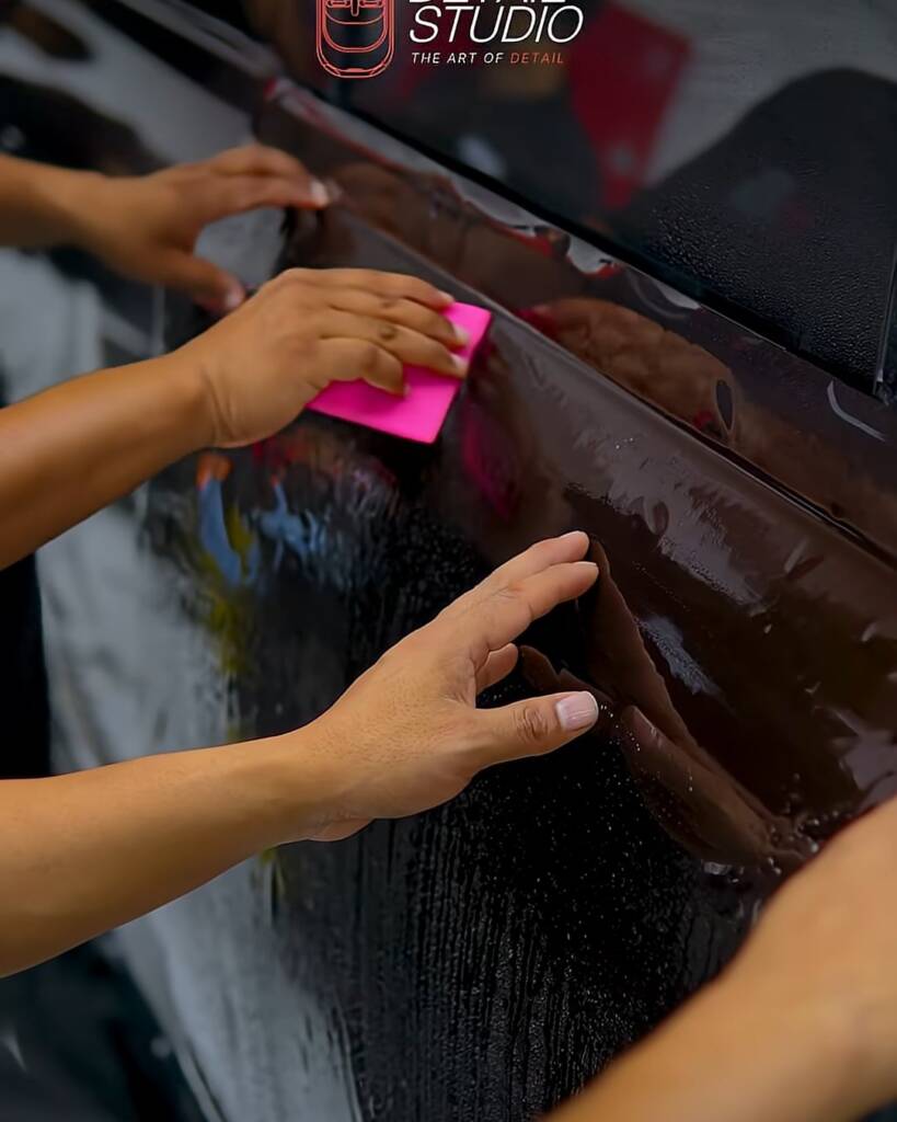 Squeegee on Sedona Red colour PPF on a Defender door panel, Dubai