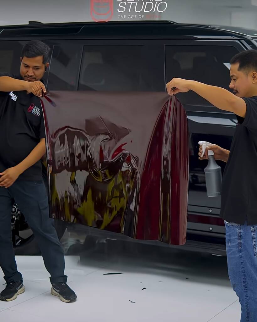 Two installers unrolling Sedona Red colour PPF for a Land Rover Defender, Dubai