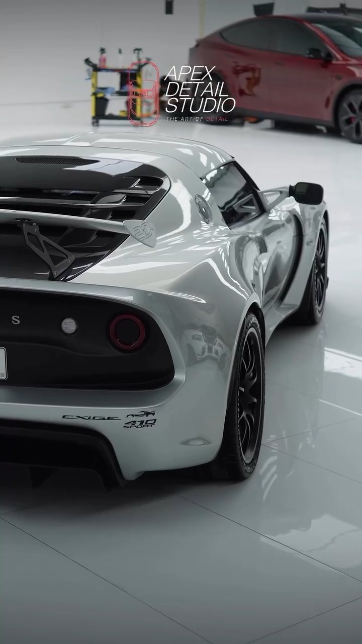 Clean Lotus Exige 410 Sport rear three-quarter after the maintenance wash in Dubai