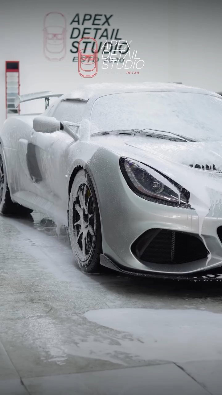Lotus Exige 410 Sport covered in snow foam at Apex Detail Studio Dubai