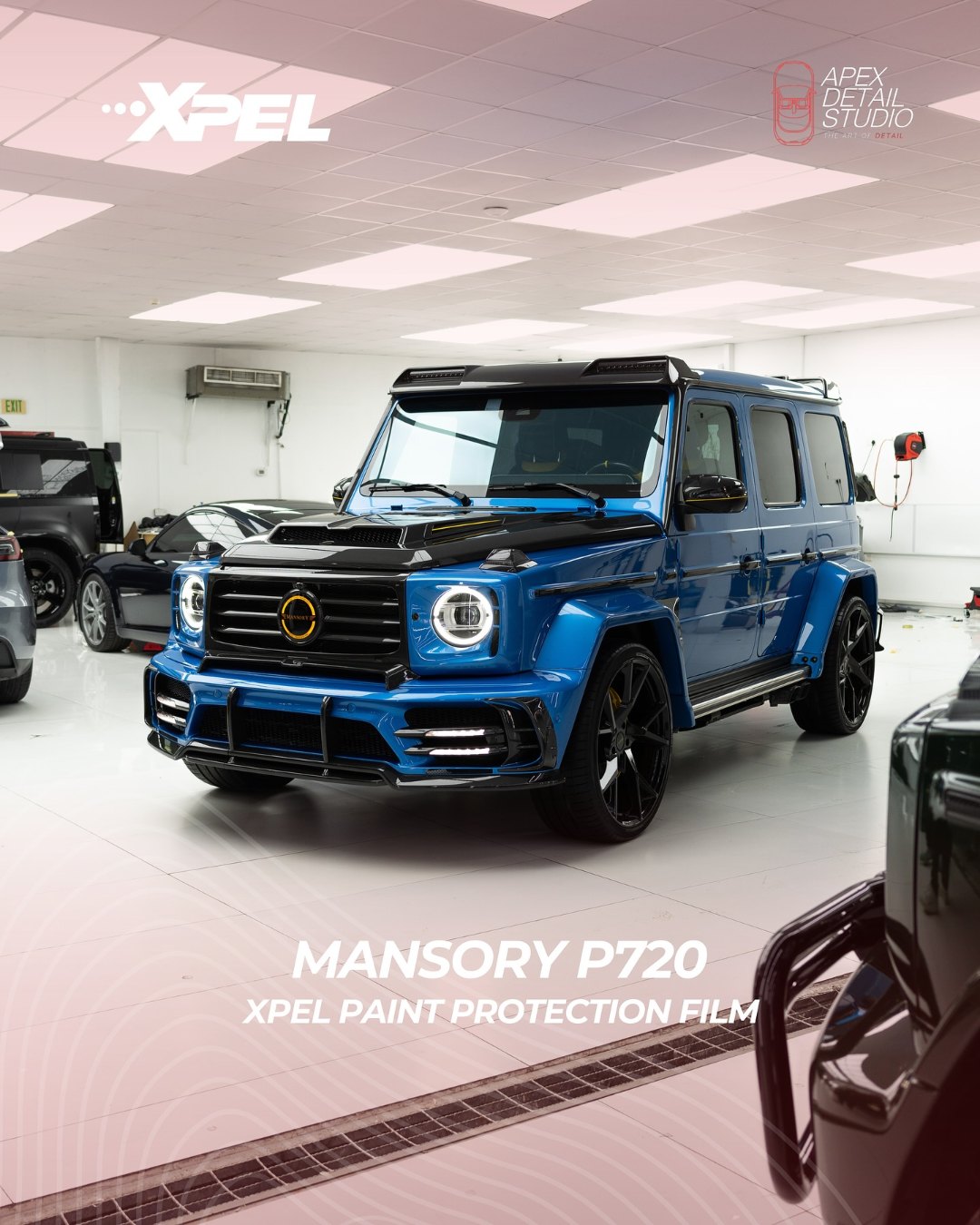 Mansory G-Class P720, blue, paint correction, then premium gloss PPF in precut patterns with full tuck in edges, at Apex Detail Studio in Dubai