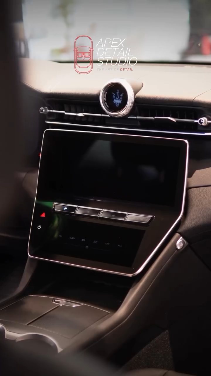 Maserati Grecale centre screens and console after the interior detail at Apex Detail Studio Dubai