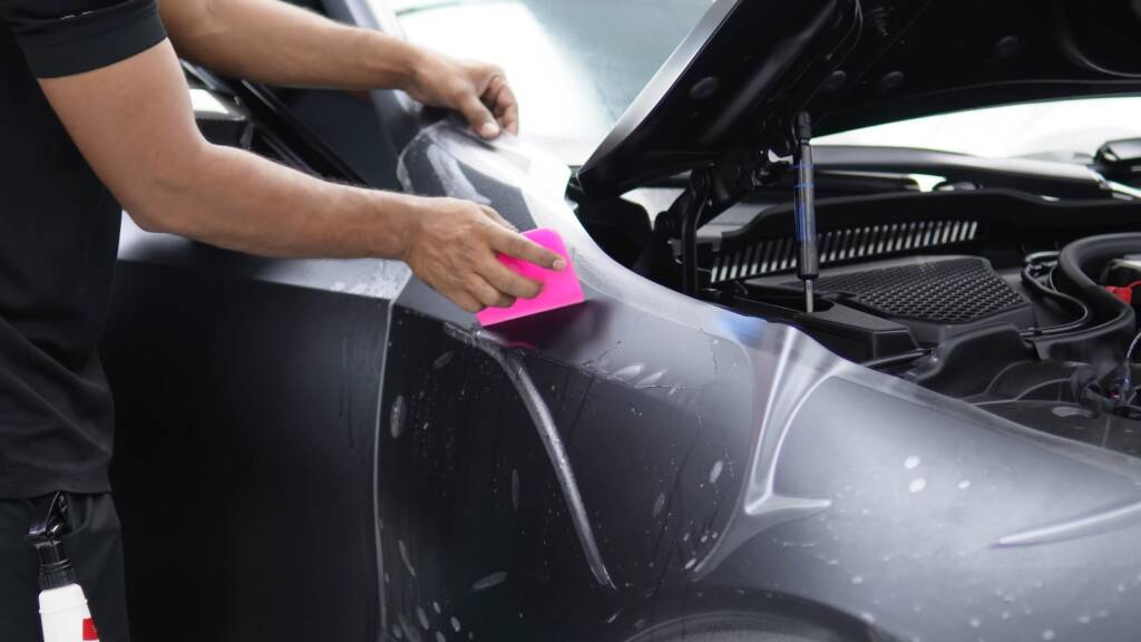 Installer fitting matte PPF to the front wing of a BMW M5 Touring with the bonnet open