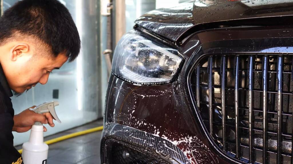 Preparing the Maybach S680 Brabus grille before PPF