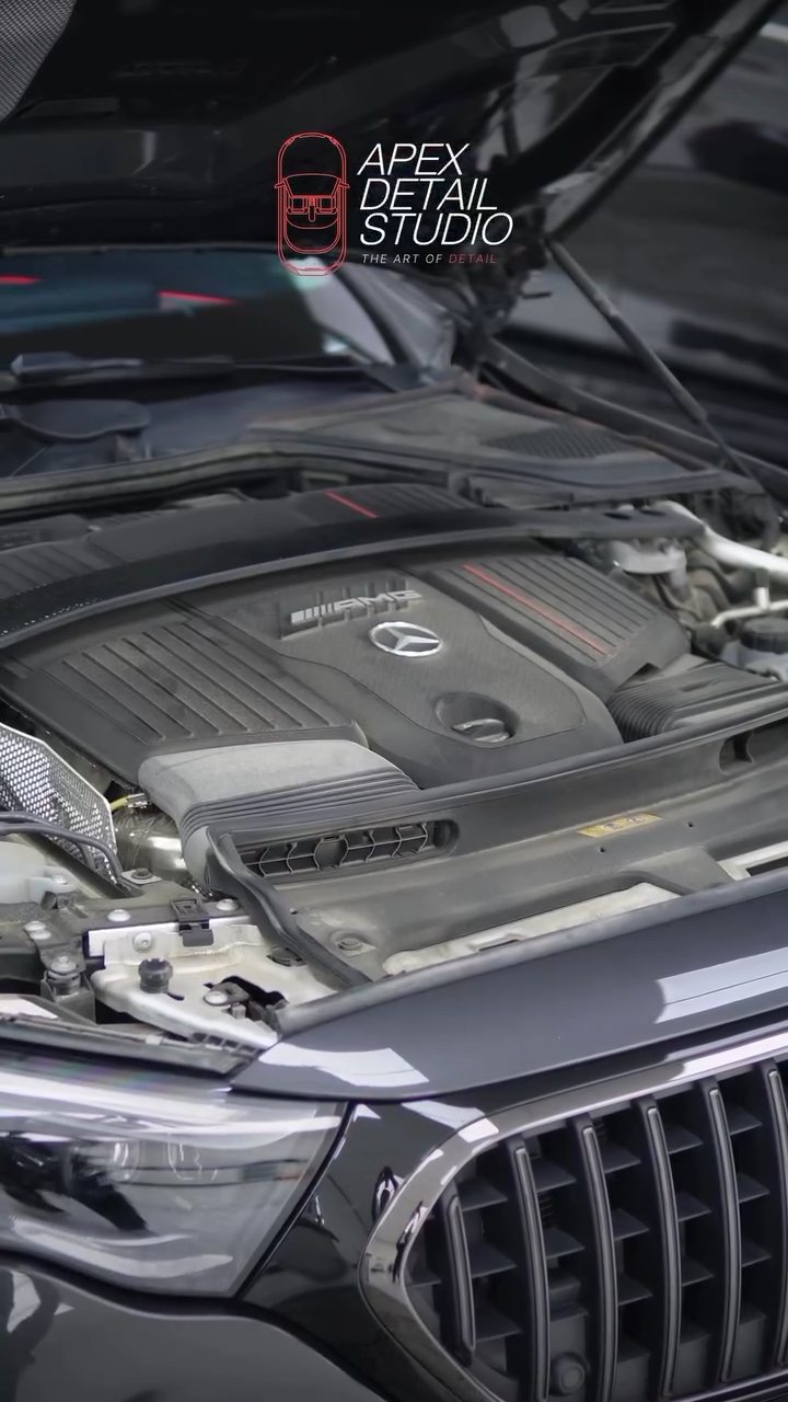 Mercedes-AMG E53 engine bay with the bonnet open at Apex Detail Studio Dubai