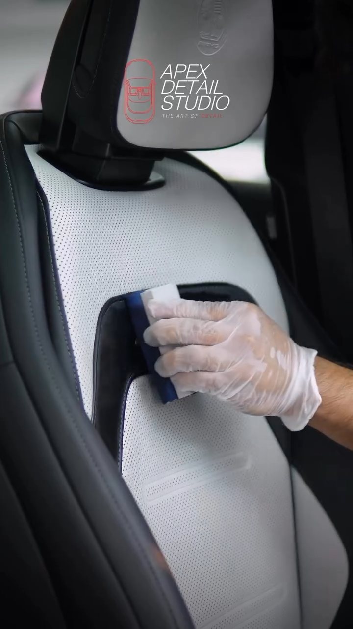 Coating the Mercedes-AMG E53 seat bolster at Apex Detail Studio Dubai