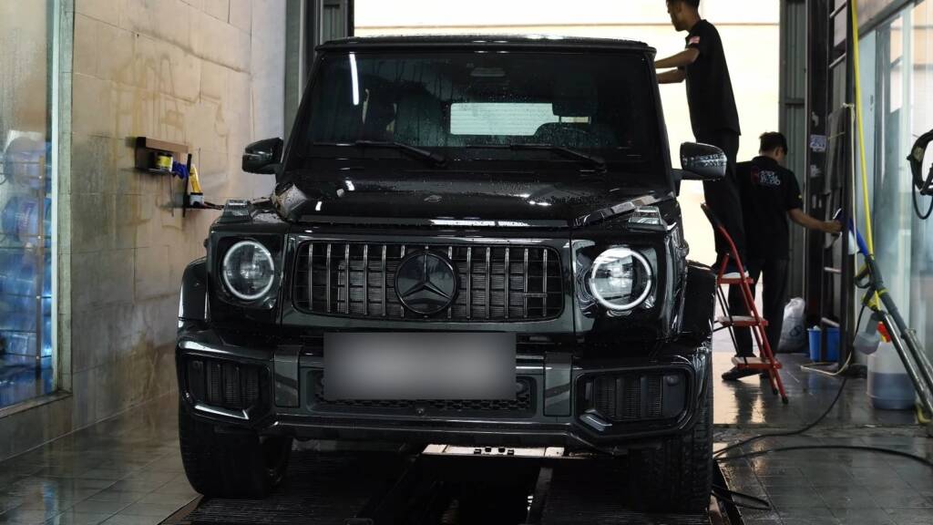 Black 2025 Mercedes-AMG G63 in the wash bay before premium PPF in Dubai