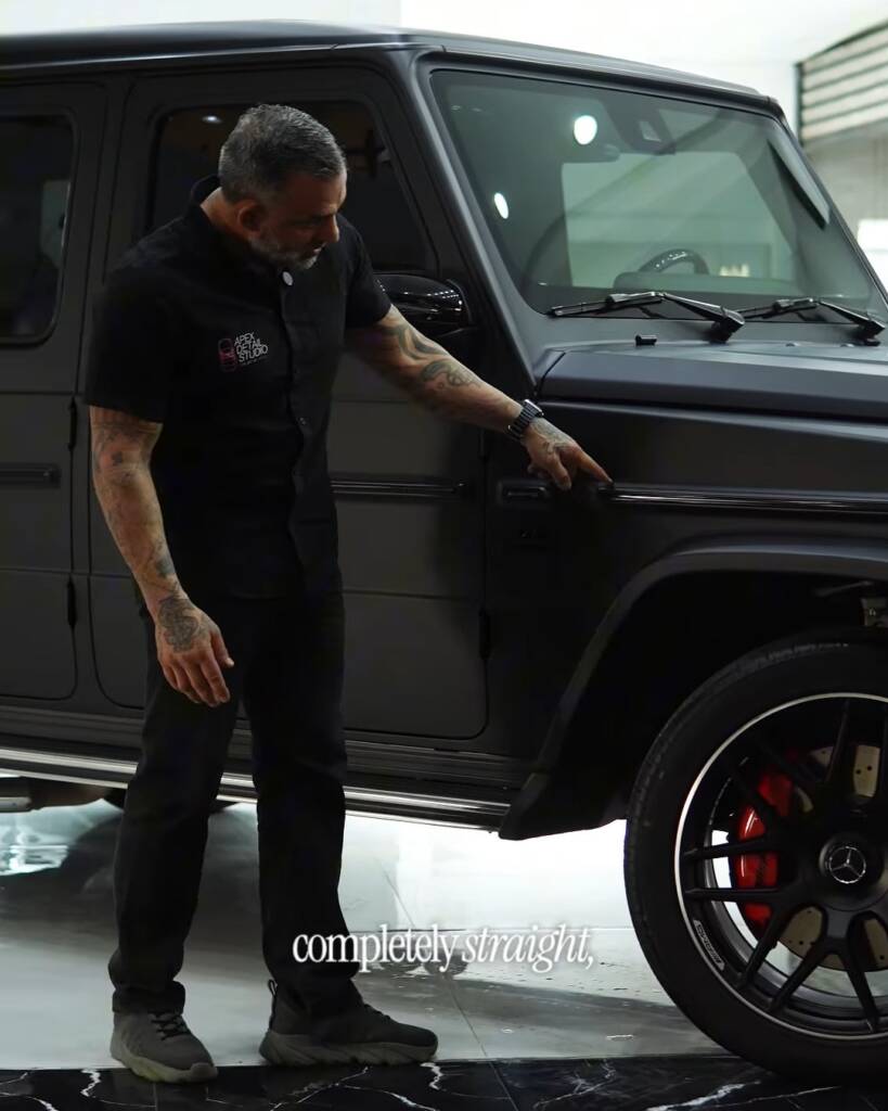Satin black Mercedes-AMG G63 side view after full colour change, Apex Detail Studio