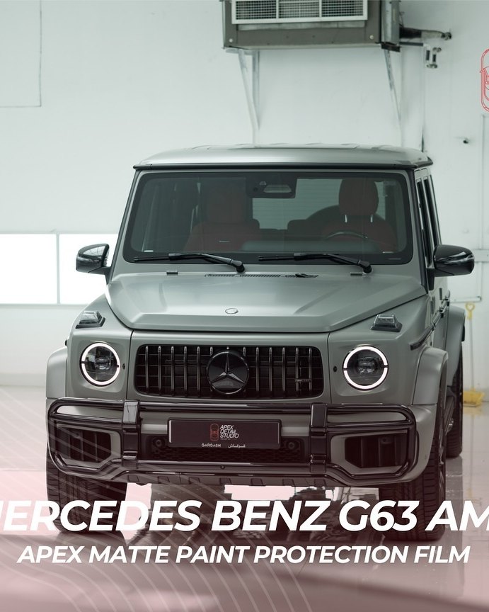 Mercedes-AMG G63, grey, matte PPF over the whole body, changing the finish from gloss to matte while protecting the paint, at Apex Detail Studio in Dubai