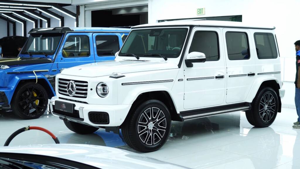 White 2025 Mercedes G500 at Apex Detail Studio Dubai with premium PPF