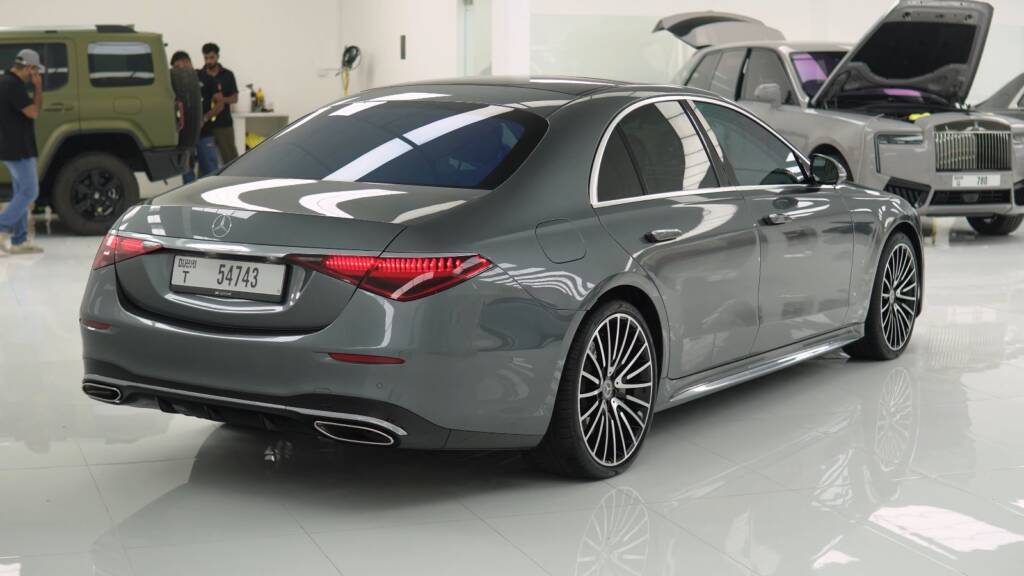 Rear three-quarter view of a grey Mercedes-Benz S500 after full body PPF at Apex Detail Studio