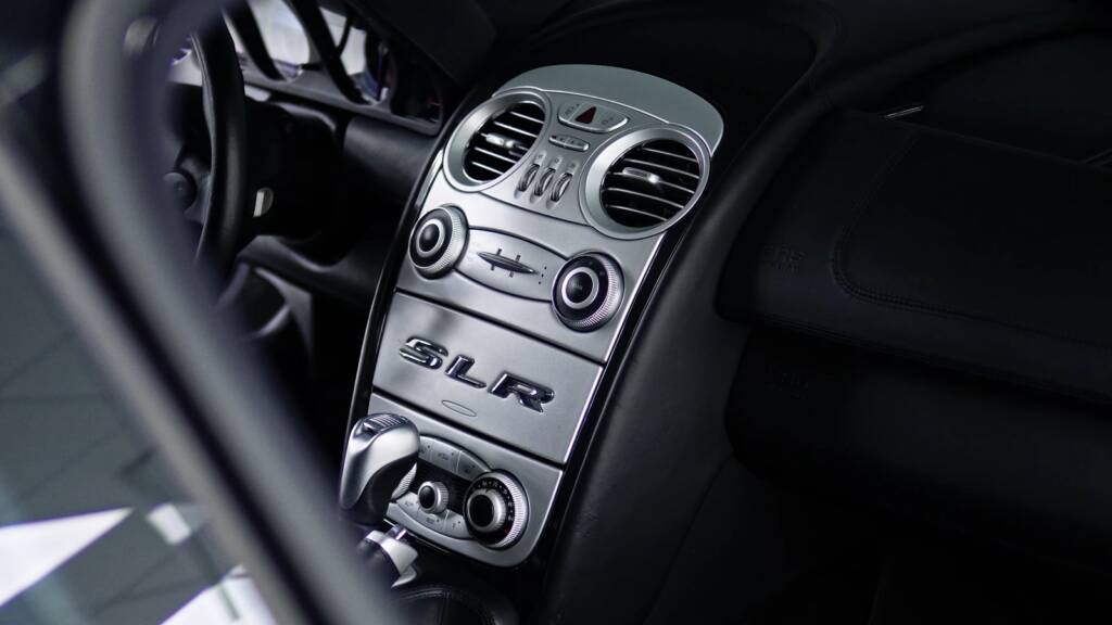 Centre console of a Mercedes-Benz SLR McLaren after interior detailing at Apex Detail Studio Dubai