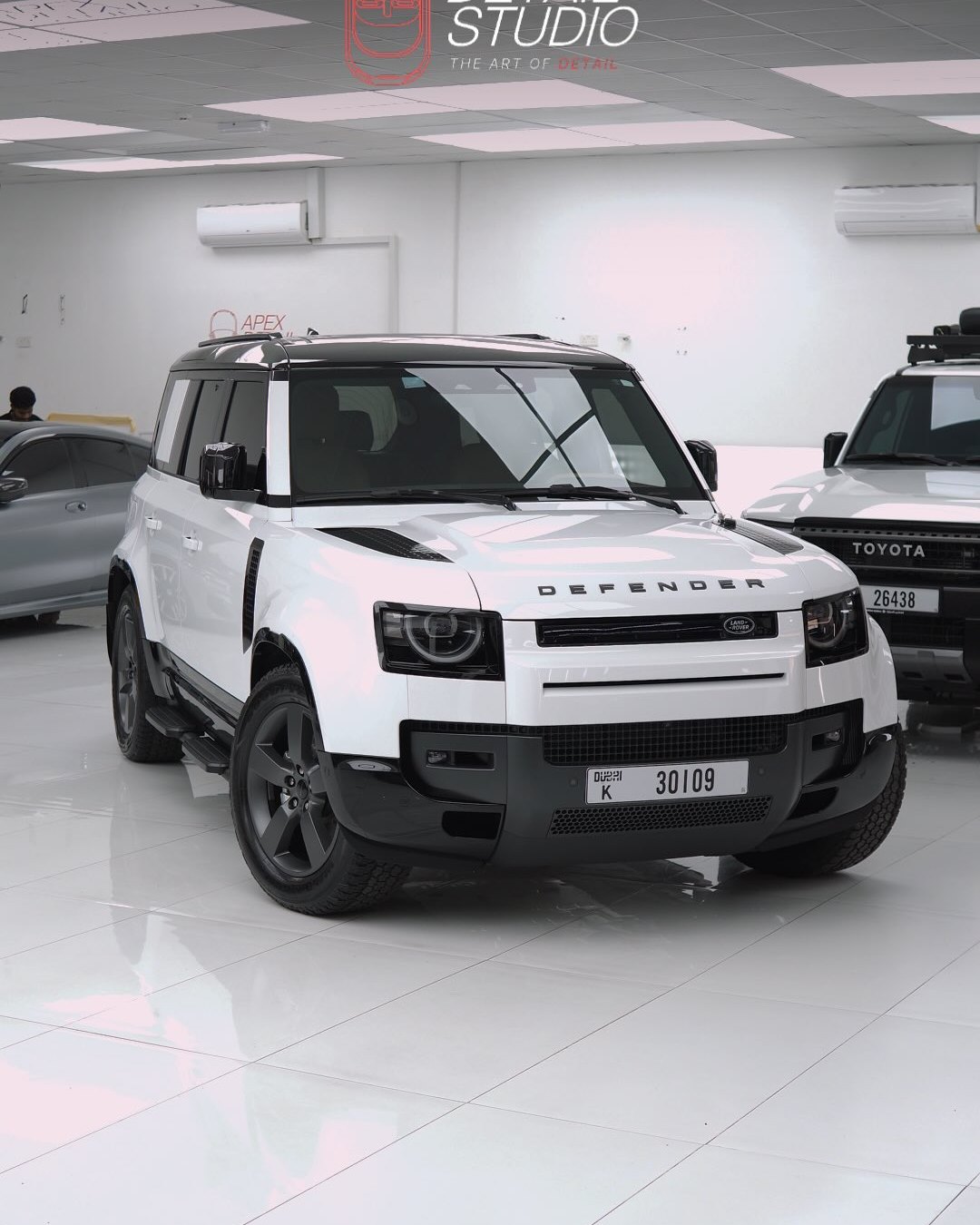 New Land Rover Defender, white, a light polish to bring up the finish, then ceramic coating from day one, at Apex Detail Studio in Dubai