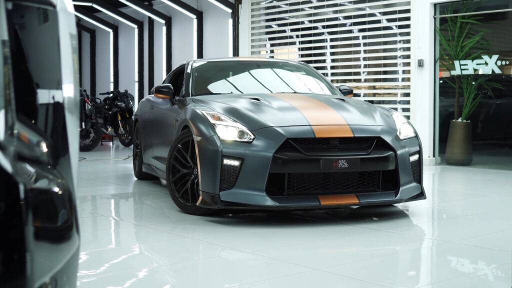 Nissan GTR front in old grey wrap at Apex Detail Studio