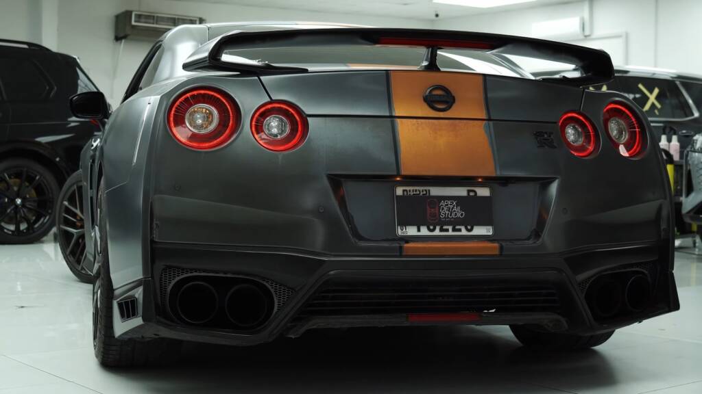 Matte black Nissan GTR rear after satin PPF