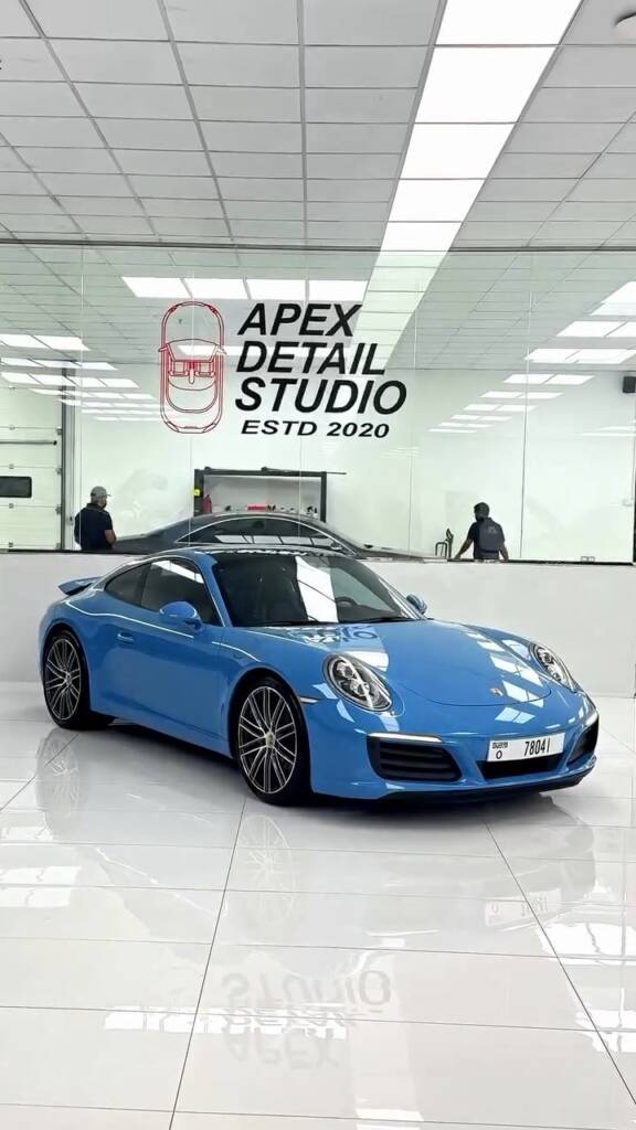 Porsche 911 Carrera changed from white to blue with colour change PPF at Apex Detail Studio Dubai