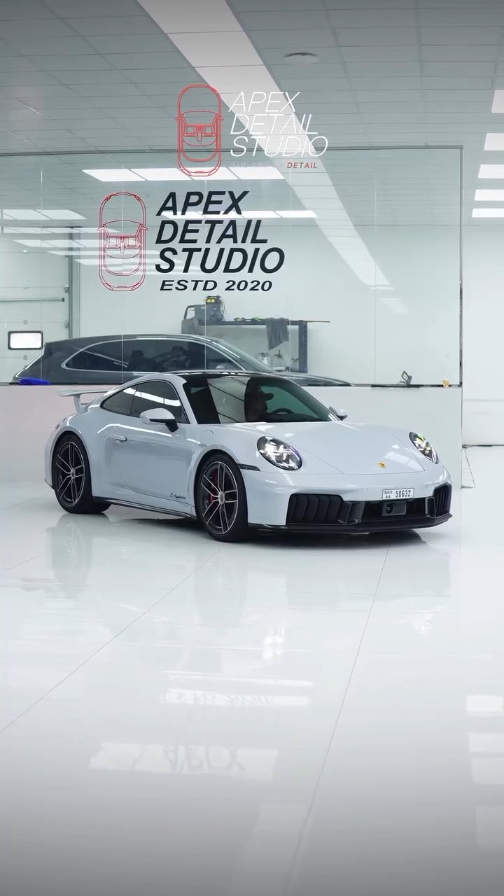 White Porsche 911 Carrera GTS with new window tint in the Apex studio, Dubai