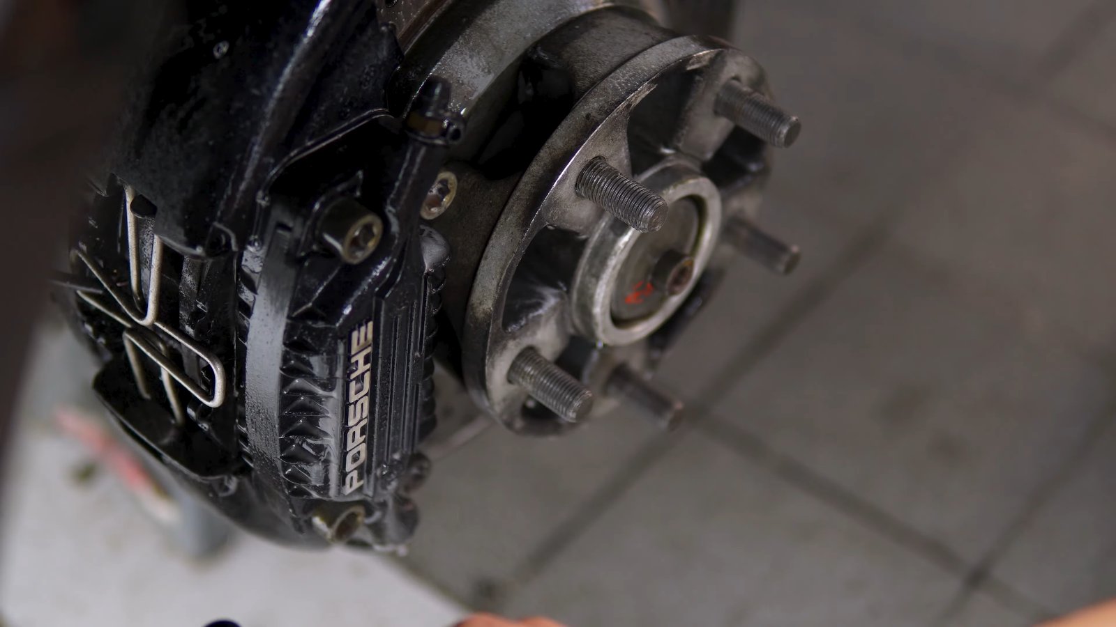 Clean brake caliper of a Porsche 930 Turbo after dry ice cleaning