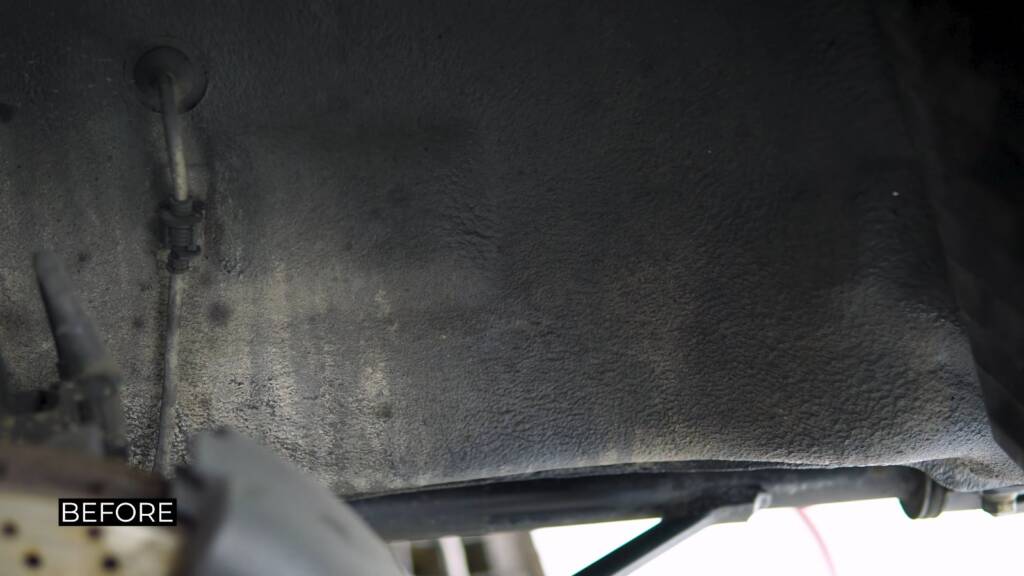 Clean underbody panel of a Porsche 930 Turbo after dry ice cleaning in Dubai