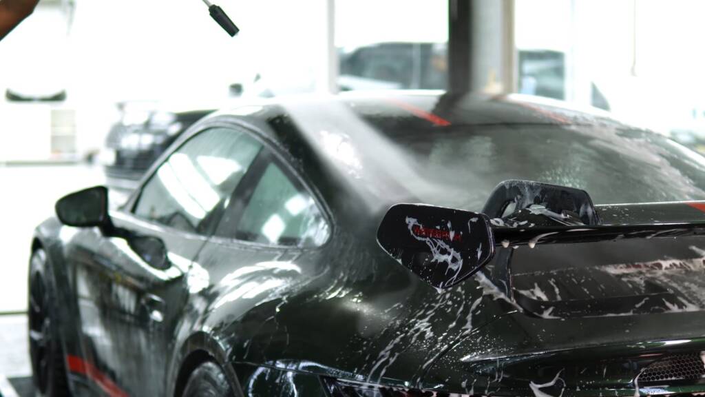 Foam wash on a brand new Porsche 992.2 GT3 before PPF at Apex Detail Studio Dubai