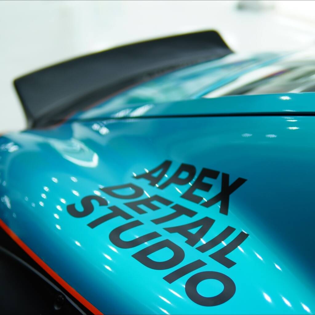 Apex Detail Studio decal on the rear quarter of the Zeus OffRoad Porsche Cayman S livery