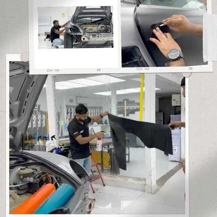 Installer preparing black wrap film for the lower body of the Zeus OffRoad Porsche Cayman S 987