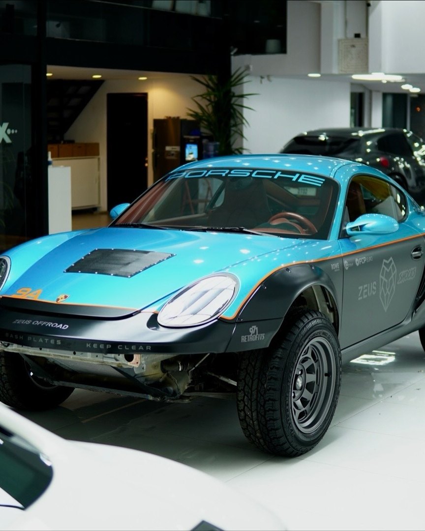 Porsche Cayman S (987), Project Sandfish, an off road Cayman built by Zeus Offroad, finished by us in a custom dual tone wrap and decals for the Icons of Porsche show, at Apex Detail Studio in Dubai