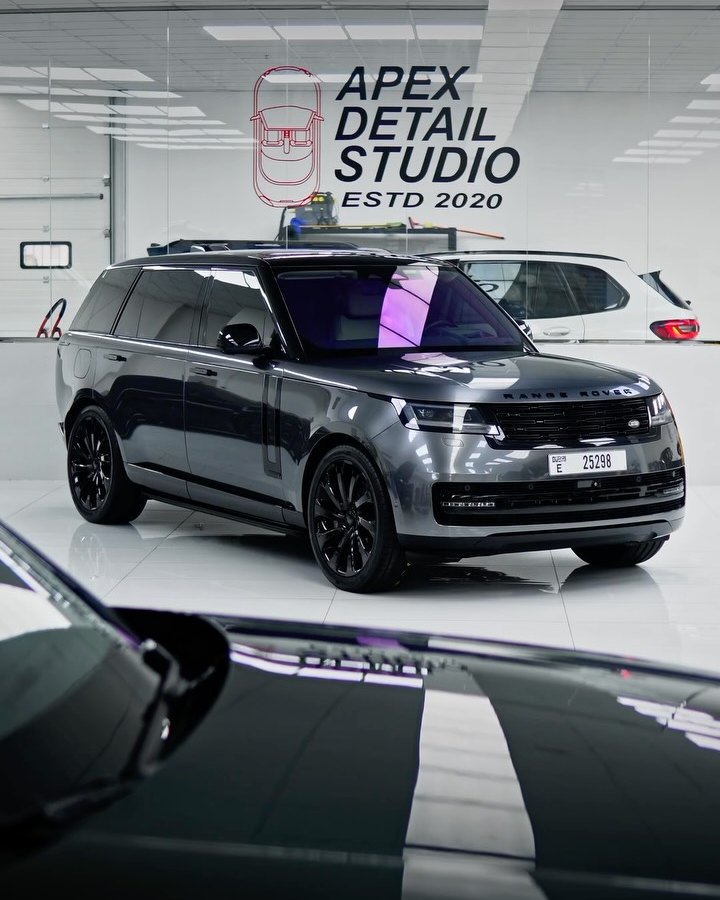 Range Rover, gold to grey, a full grey colour change PPF, blacked out logos and rims, and premium window tint, at Apex Detail Studio in Dubai