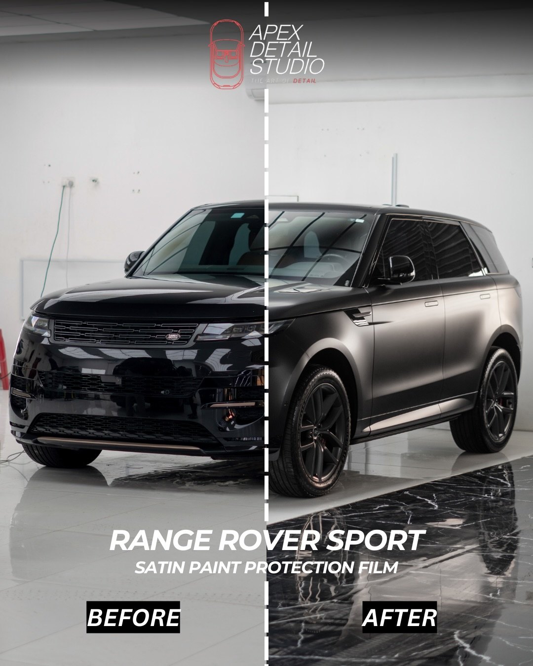 Range Rover Sport, gloss to satin, full satin PPF, changing the whole presence of the car while protecting the paint, at Apex Detail Studio in Dubai